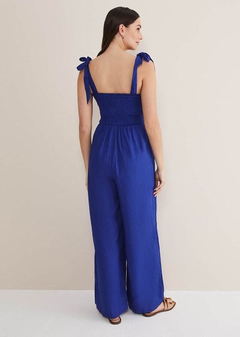 Phase Eight Ona Linen Shirred Wide Leg Jumpsuit Deep Blue USA | 3657420-QR